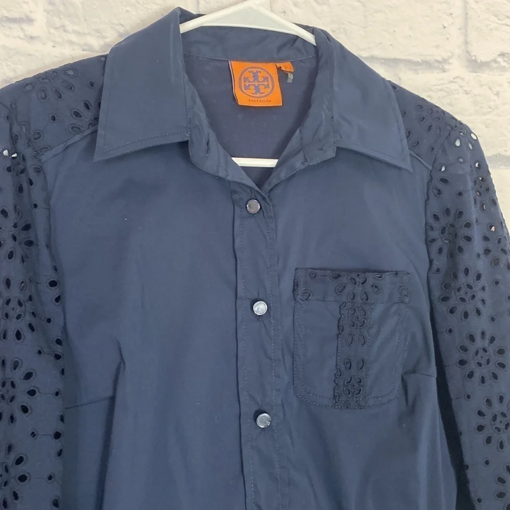 Tory Burch navy blue Liam eyelet sleeve button down top size 4